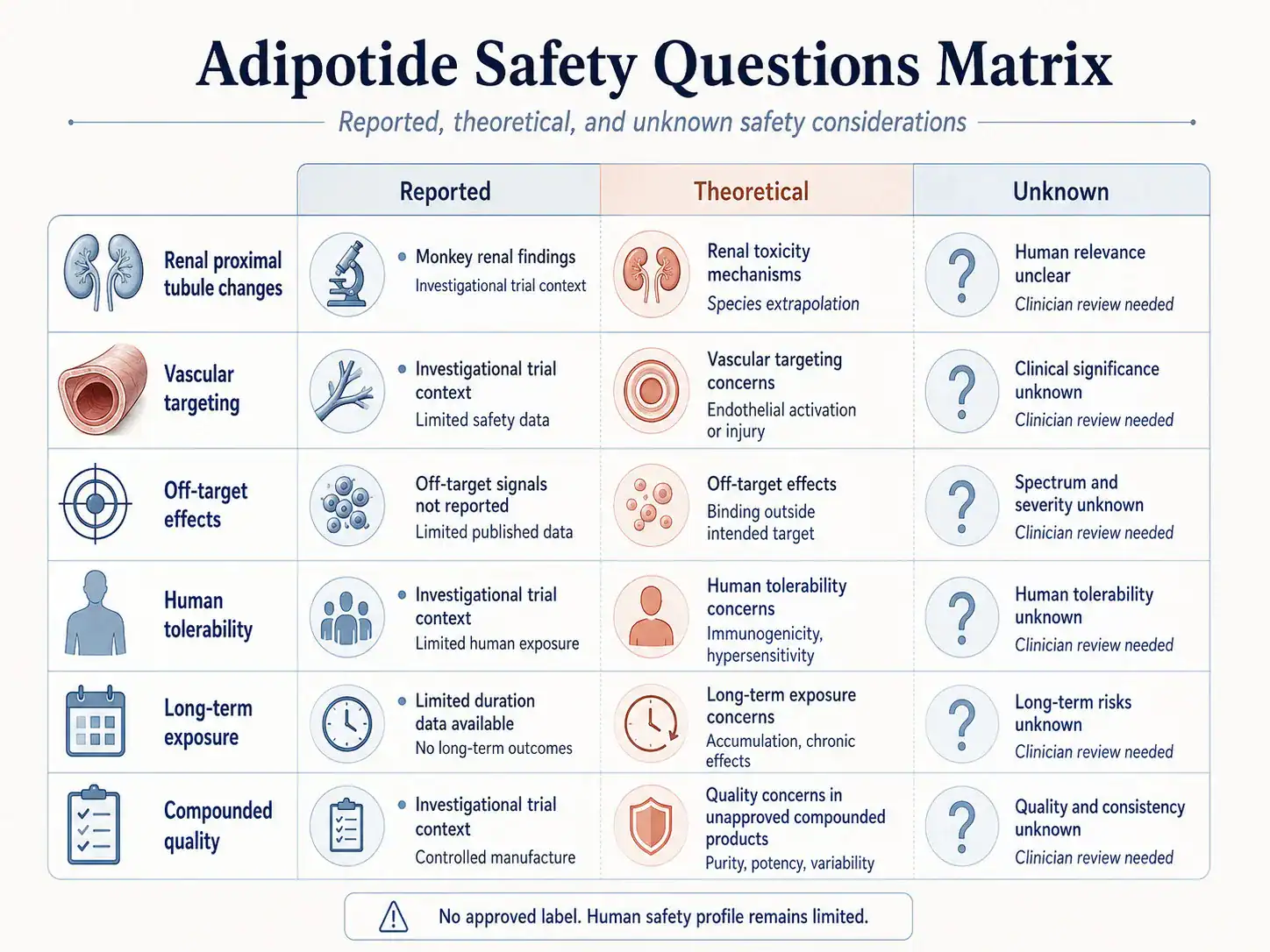 Matrix of adipotide safety questions and organ risks